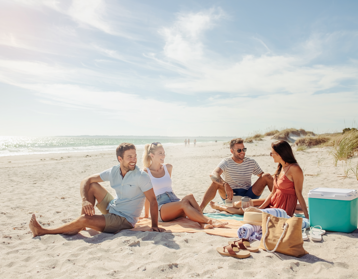 4 amis qui discutent à sur la plage, 